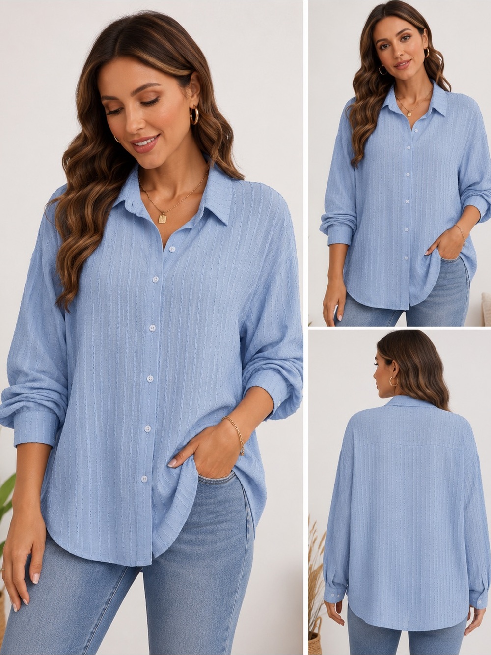 Diosun Women’s Textured Button Front Blouse Light Blue 2XL Long Sleeve Oversized